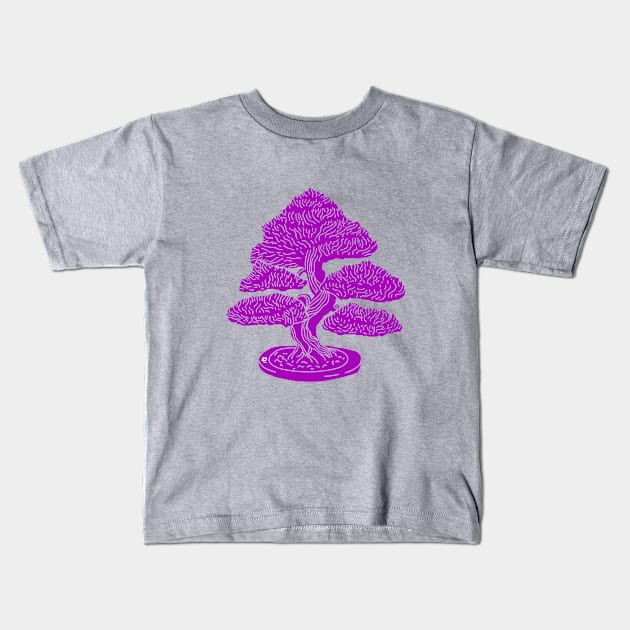 Purple Bonsai Woodblock Kids T-Shirt by Warm Your Toes